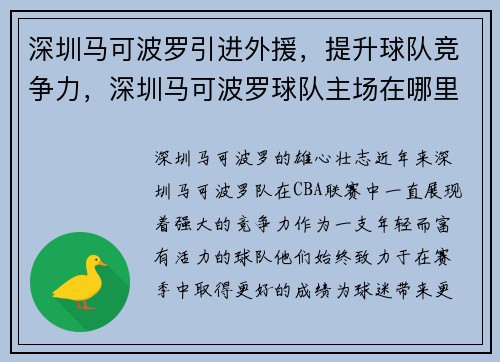 深圳马可波罗引进外援，提升球队竞争力，深圳马可波罗球队主场在哪里